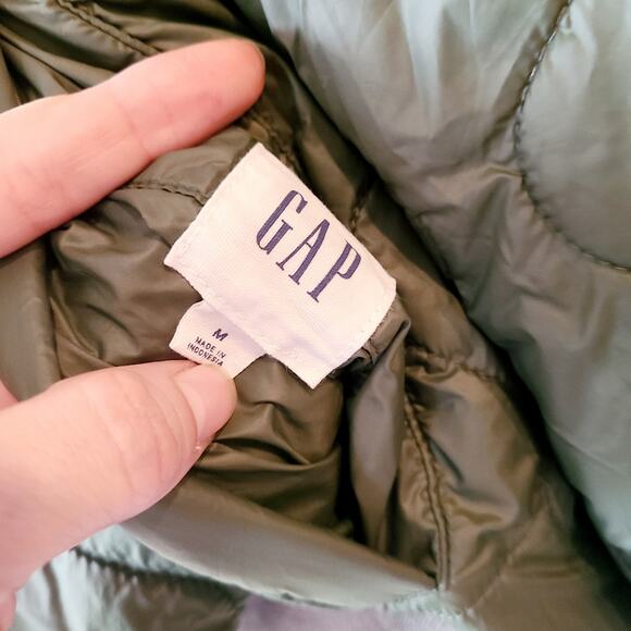 Gap Jacket Womens Medium Reversible Hooded Full Zip Quilted Bomber Green Gray‎ - Picture 9 of 10